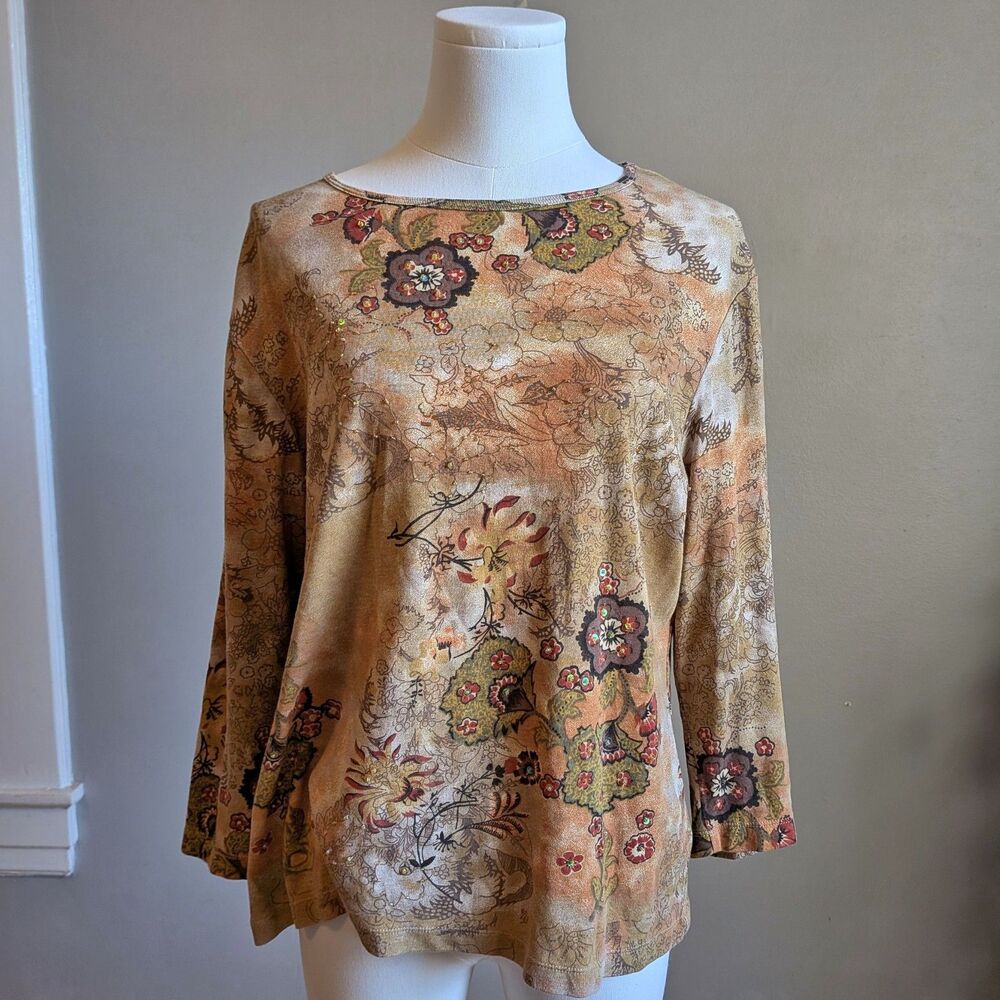 Vintage Y2K Sonoma Floral Beaded Shirt Sequin Fairycore Grunge Size XL